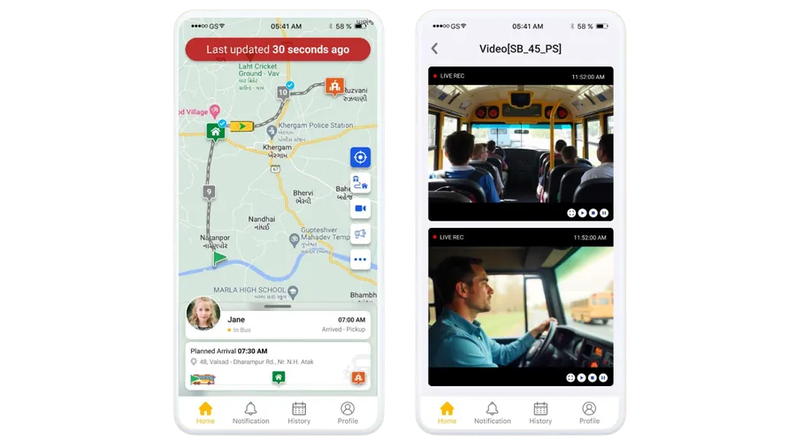 The mobile app showing a vehicle on a map with its camera feed