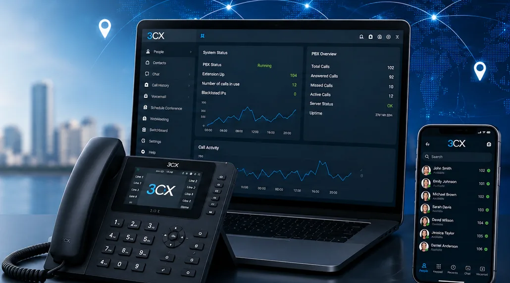 هاتف مكتبي 3CX بجوار لوحة مكالمات على حاسوب محمول